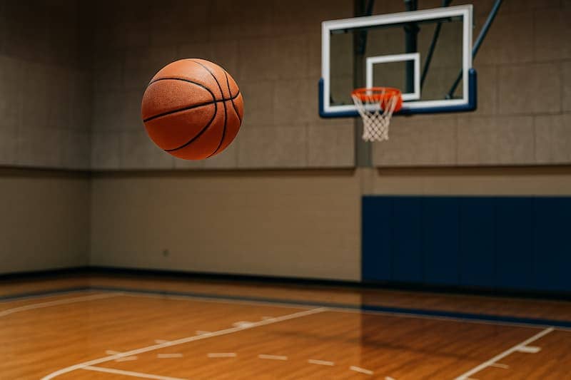 Bola de basquete no ar a caminho da cesta em quadra coberta