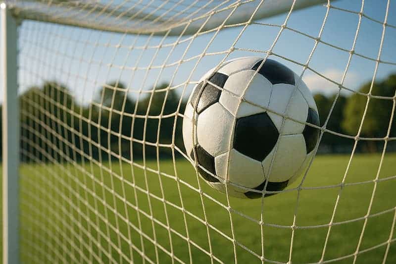 Bola de futebol presa na rede após gol em campo