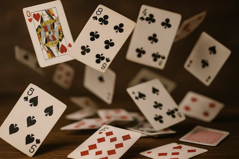 Cartas de poker sendo lançadas no ar sobre uma mesa de madeira.