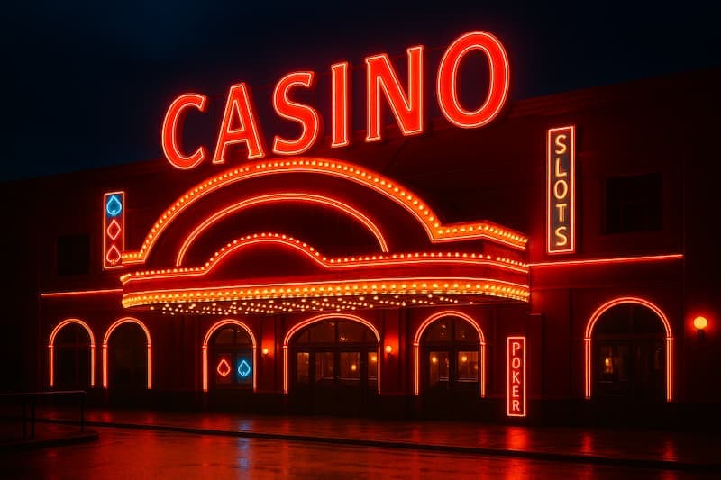 Fachada iluminada de cassino à noite com letreiro em neon destacando apostas