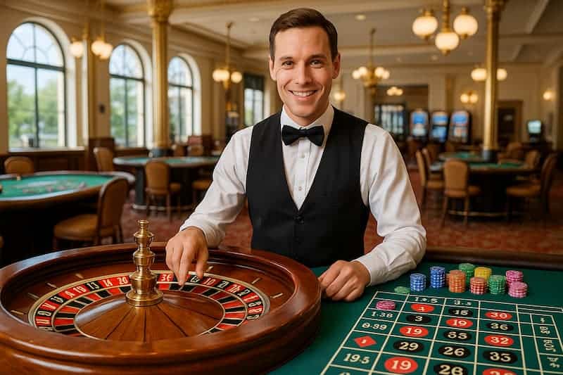 Dealer de cassino ao vivo em mesa de roleta