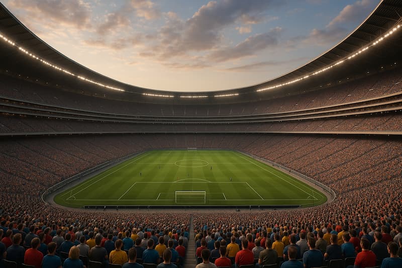 estádio de futebol gigantesco lotado com torcedores durante o pôr do sol