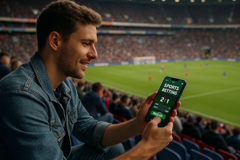 homem apostando em partida de futebol ao vivo pelo celular no estádio