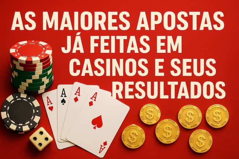 fichas de cassino, dados, moedas e quatro ases sobre uma mesa vermelha com texto sobre grandes apostas