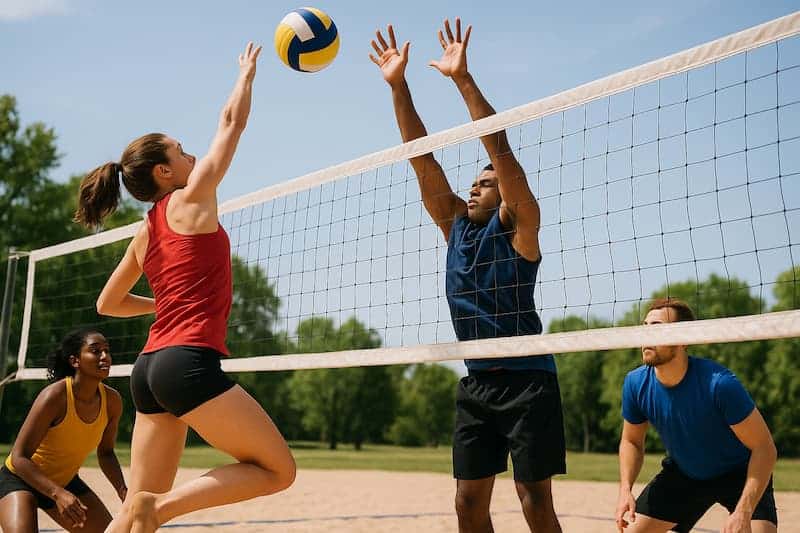 grupo de pessoas jogando vôlei de areia ao ar livre. Antes de acontecer uma competição de apostas na bet