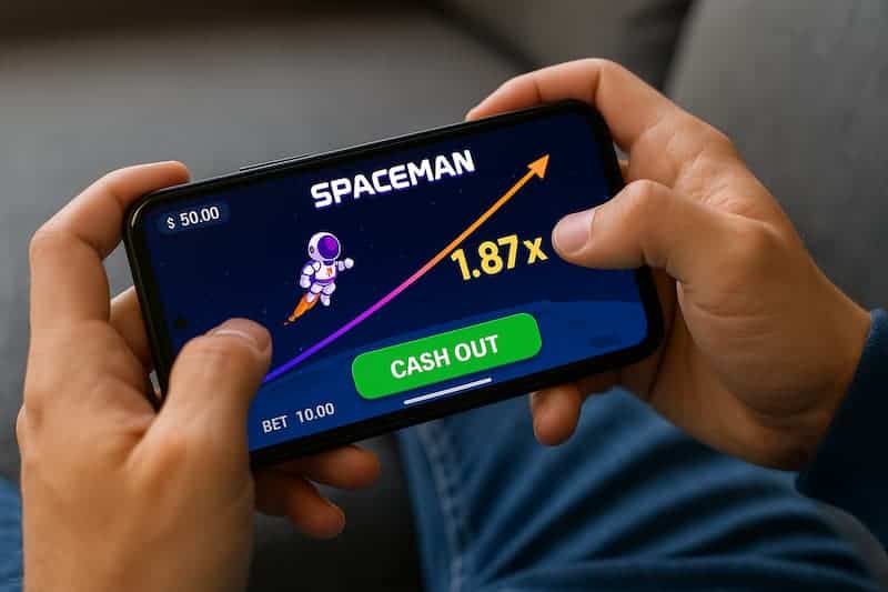 Pessoa jogando Spaceman em um celular com gráfico de multiplicador em jogos de crash na casa de aposta