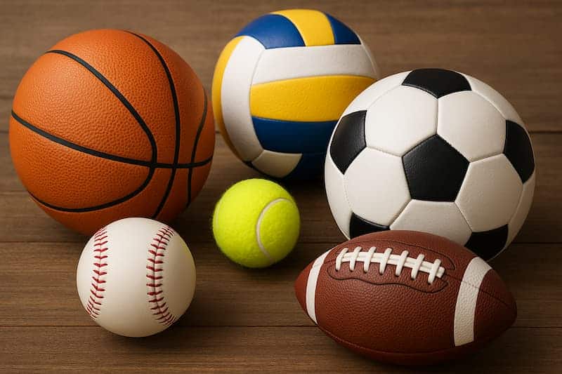 bolas de diferentes esportes sobre superfície de madeira para apostas esportivas