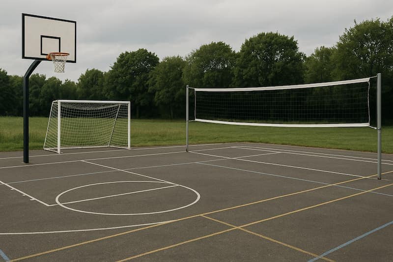 quadra esportiva com traves, cesta de basquete e rede de vôlei para apostas esportivas