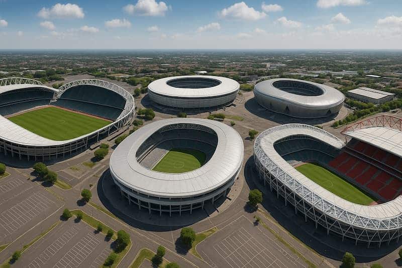 vista aérea de vários estádios de futebol modernos e vazios em uma mesma área