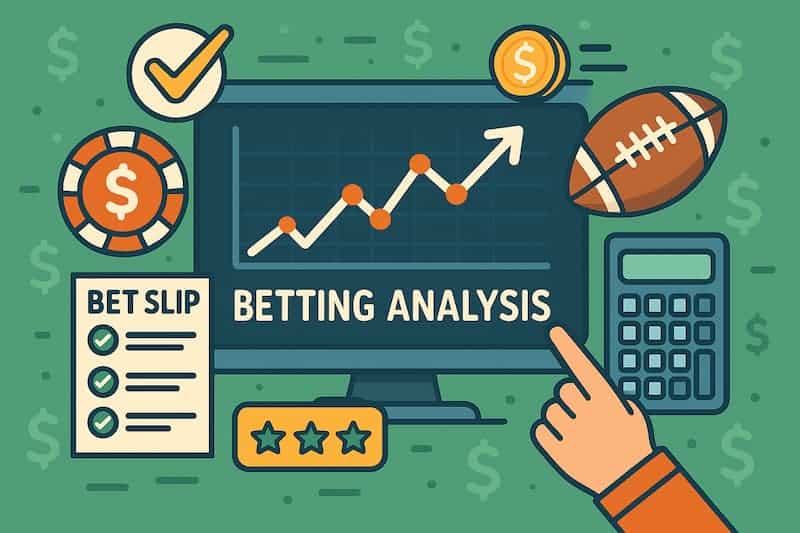 ilustração de análise de apostas com gráficos, calculadora e ícones esportivos
