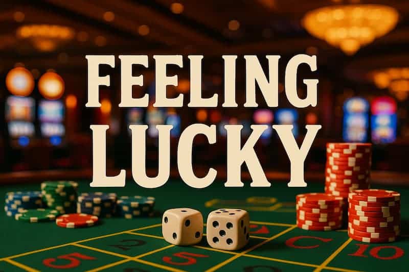 mesa de cassino com fichas e dados sob a frase “Feeling Lucky”. cassinos