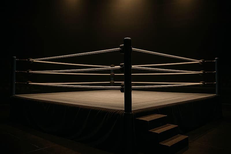 Arena de luta vazia iluminada, pronta para combate.