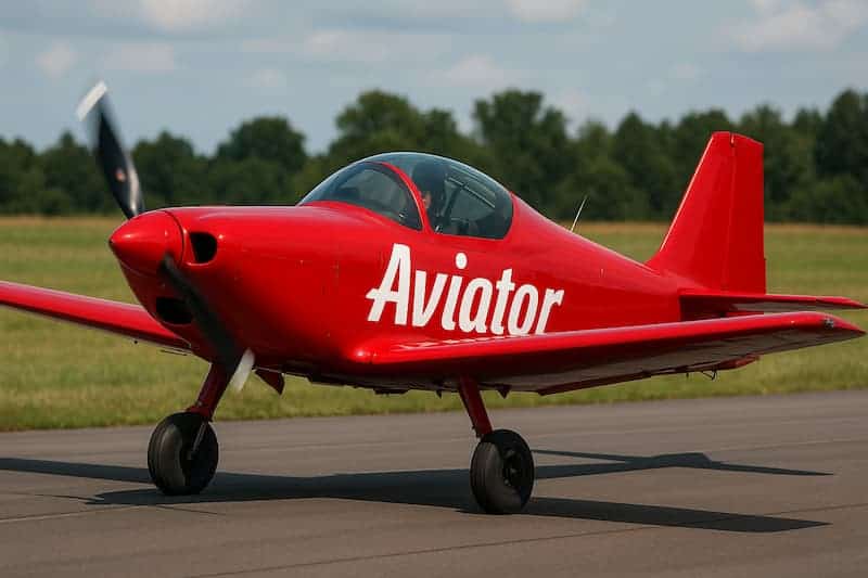 Avião vermelho com a palavra Aviator estampada na lateral, taxiando na pista.