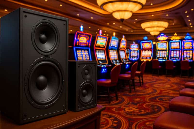 Caixas de som em um ambiente interno de cassinos com caça-níqueis