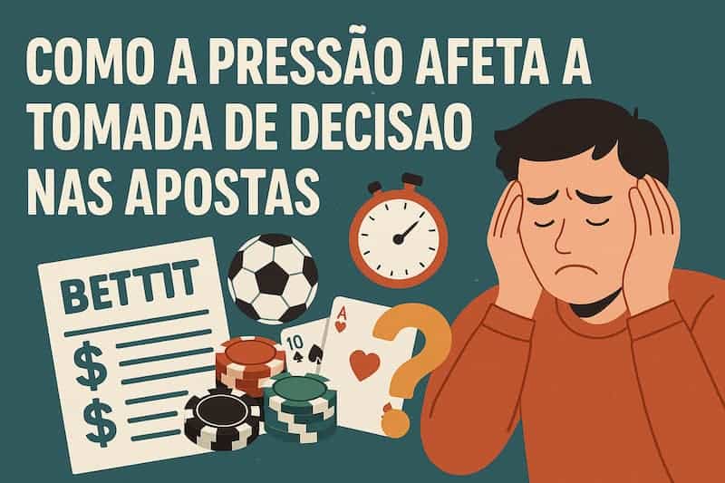 homem preocupado cercado por símbolos de apostas, relógio e ponto de interrogação