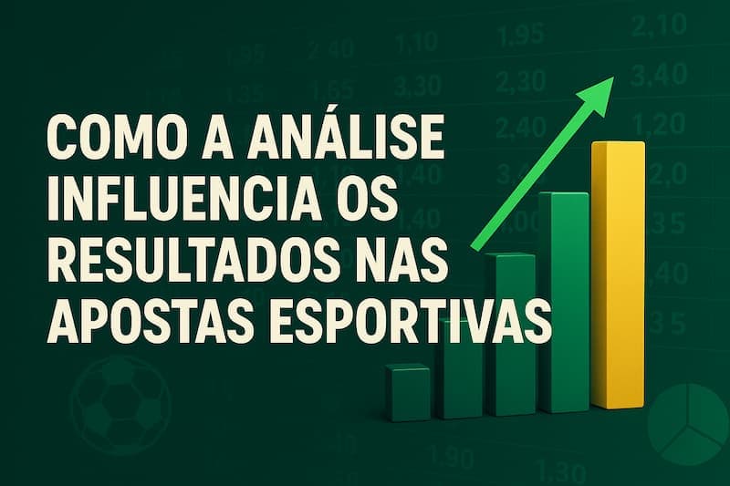 gráfico de barras crescente com seta verde e texto sobre análise em apostas esportivas