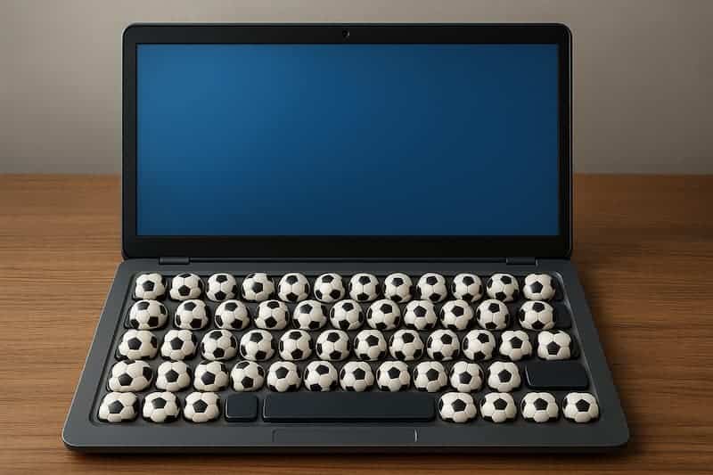 Teclado de notebook com teclas em forma de bolas de futebol.