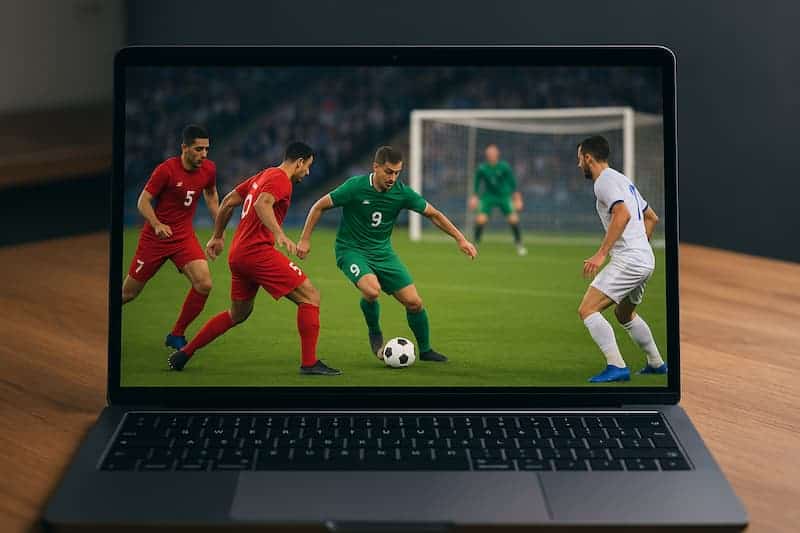 Notebook exibindo uma partida de futebol com jogadores em campo durante o jogo.