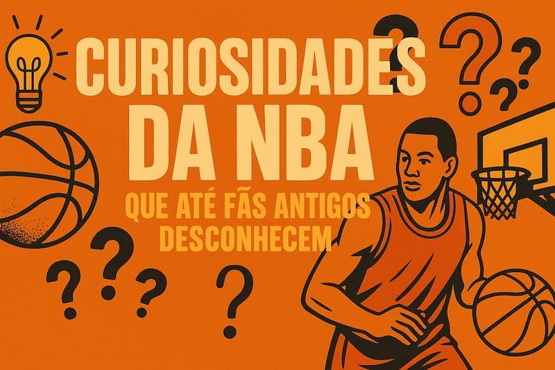 Ilustração de jogador de basquete com texto sobre curiosidades da NBA e ícones de interrogação.