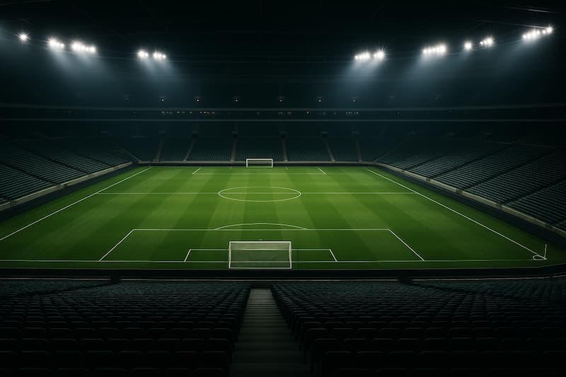  Estádio de futebol iluminado à noite, vazio e pronto para o jogo.