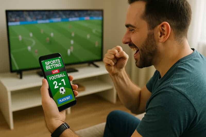 Homem comemorando aposta em jogo de futebol via cassino online