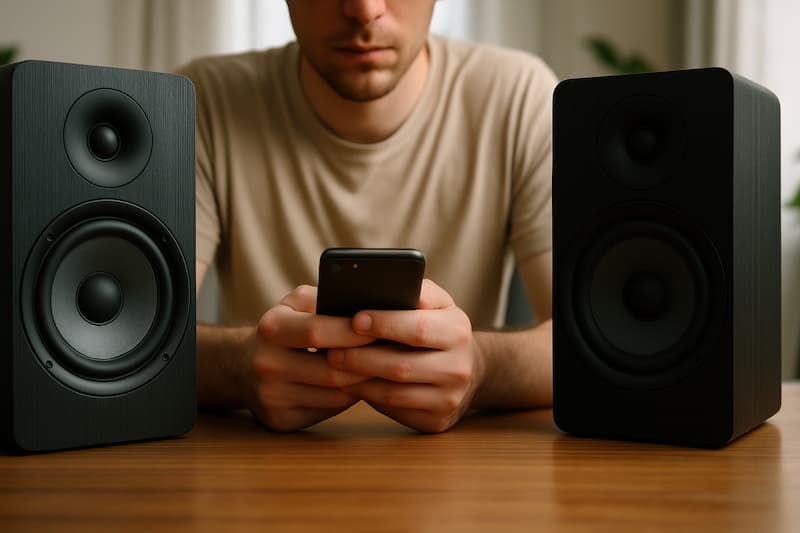 Homem usando celular entre duas caixas de som, jogando cassinos