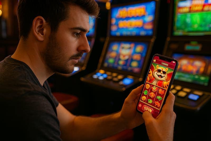 Homem segurando celular com jogo do tigrinho aberto, em frente a máquinas de caça-níquel.