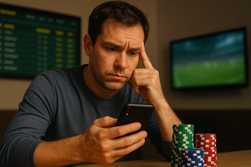 Homem concentrado olhando para o celular com fichas de apostas na mesa.