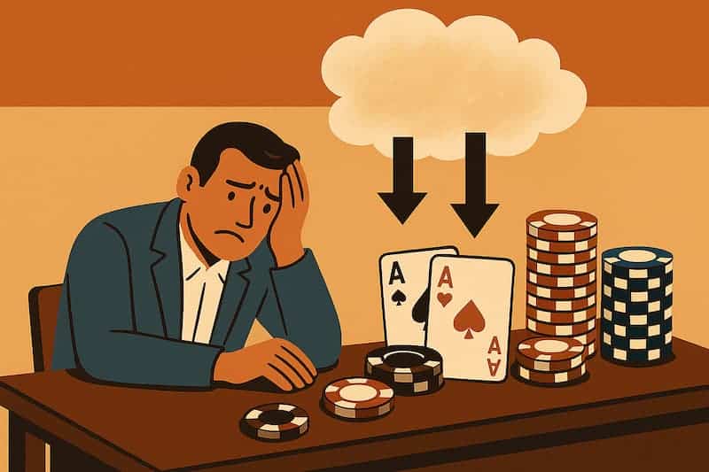 homem pensativo diante de fichas e cartas de aposta com nuvem acima