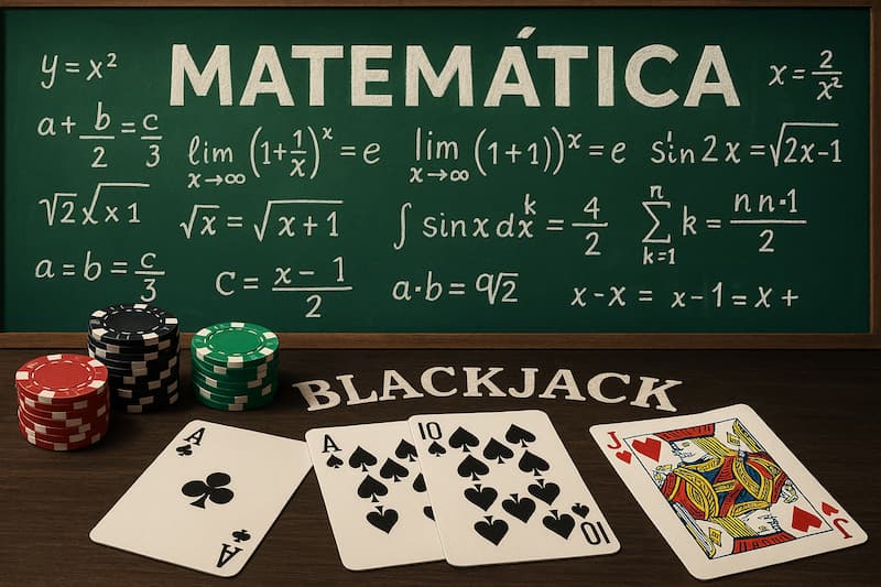 cartas de blackjack e fichas de cassino com fórmulas matemáticas ao fundo