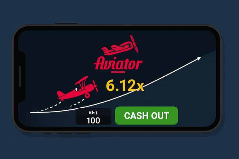 Tela de celular exibindo o jogo Aviator com multiplicador 6.12x e botão de cash out.