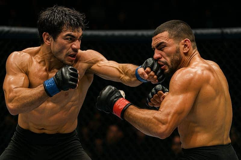 Dois lutadores trocando golpes intensos durante uma luta de MMA.