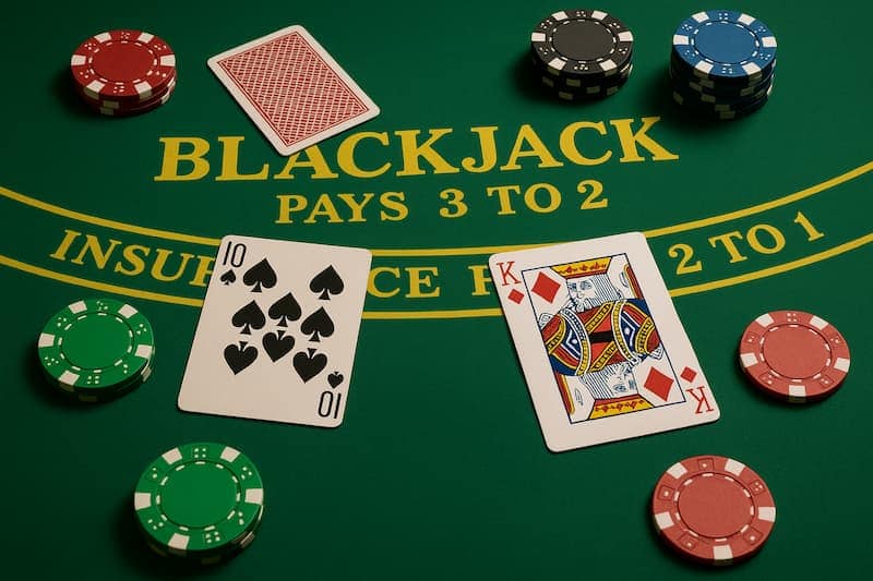 Mesa de blackjack com cartas e fichas coloridas distribuídas ao redor.