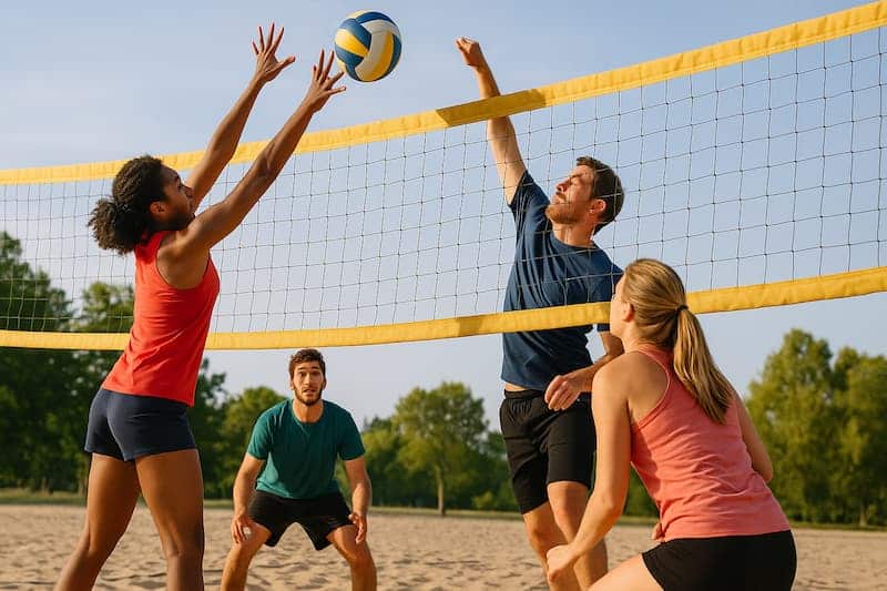  Pessoas jogando vôlei de praia em partida competitiva
