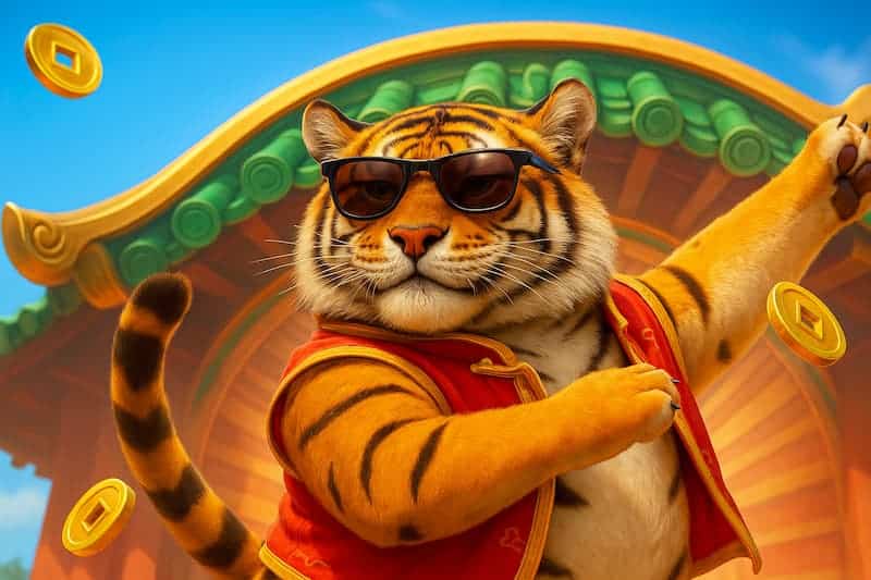 Tigre estilizado com óculos escuros e colete vermelho, cercado por moedas douradas.