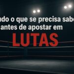 Ringue de luta iluminado com texto sobre o que saber antes de apostar em lutas.