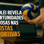 Jogador segurando bola de vôlei ao lado de notebook com site de apostas esportivas