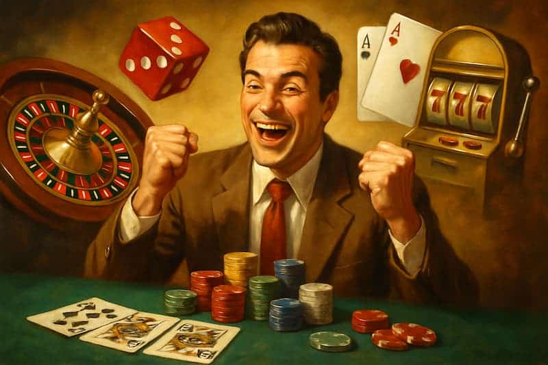 Homem feliz cercado por fichas, cartas, roleta e caça-níquel em um cassino