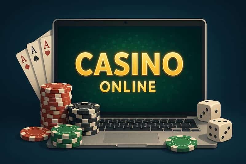 Computador com elementos clássicos de cassino online como cartas, fichas e dados