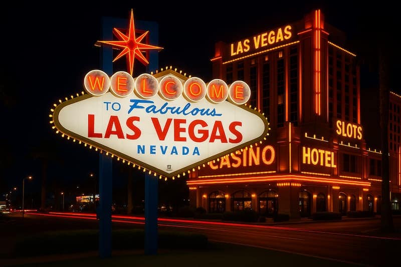 fachada iluminada de cassinos em Las Vegas à noite