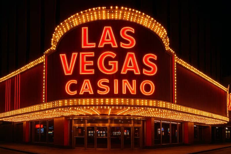 entrada clássica de Las Vegas com cassinos iluminados ao fundo