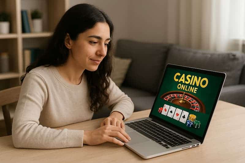 Mulher jogando em um site de cassino em seu notebook