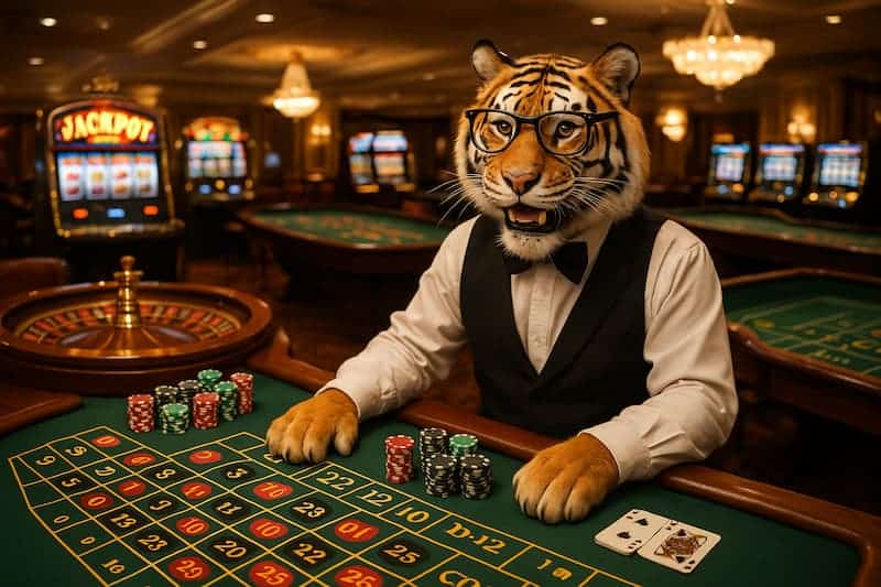 tigre vestido como dealer em mesa de roleta em cassinos